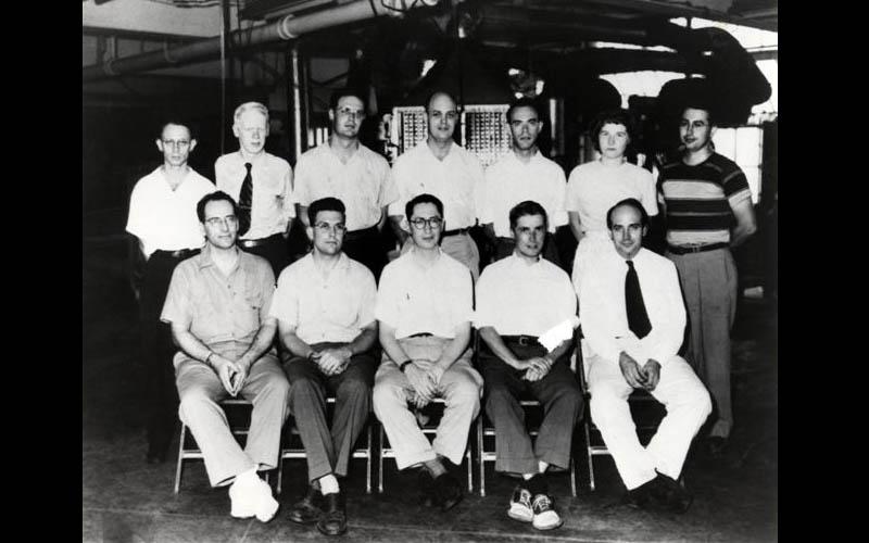 Jean and the BINAC Team | Jean's BINAC Team. Front row from left to right: Presper Eckert, Frazier Welsh, Jim Weiner, Brad Sheppard & John Mauchly. Back row from left to right: Al Auerbach, Jean Jennings Bartik, Marvin Jacoby, Jim Sims, Lou Wilson, Bob Shaw & Jerry Smoliar. (Courtesy of Jean Jennings Bartik Personal Collection)