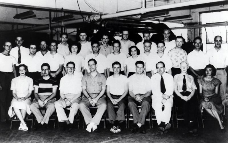 Jean and the UNIVAC Team | Jean's Univac Team. Front row from left to right: Fran Morello, Bob Shaw, Pres Eckert, Brad Sheppard, Frazier Welch, John Mauchly, Jim Weiner, Al Auerbach, Betty Snyder Holberton. Second row from left to right: John Simms, Marvin Jacoby, Paul Winsor, Jerry Smoliar, Arthur Gehring, Betty Jay, Ed Blumenthal, Bob Mock, Jean Jennings Bartik, Herman Lukoff, Bernie Gordon, Ned Shriner. Third row from left to right: George Gingrich, Marvin Gottlieb, Lou Wilson, Doug Wendell, Charlie Michaels, Ben Stad, Seymore Levitt, Larry Jones. (Courtesy of Jean Jennings Bartik Personal Collection)