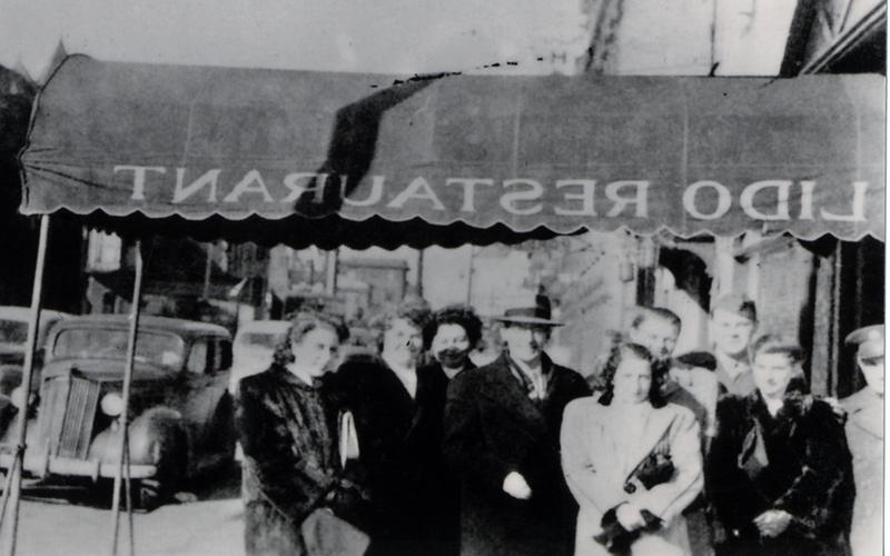 The ENIAC Women | The only picture of all the ENIAC women, except Betty Holberton (who took the picture). The picture was taken in 1946 in front of their favorite restaurant. Shown in the picture is Coporal Goldstein (maintenance engineer with Homer Spence for a short while), Fran Bilas Spence, Corporal Homer Spence, Jim Cummings (draftsman), Marlyn Wescoff Melchior, John Mauchly, Ruth Lichterman Titlebaum, Jean Jennings Bartik, Kathleen McNulty Mauchly Antonelli. (Donated by Jean Jennings Bartik and Kay Mauchly Antonelli)