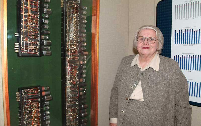 Jean Takes a Tour | Jean Jennings Bartik standing in front of a display of ENIAC Decade Ring Counters at the U.S. Army Ordnance Museum at Aberdeen Proving Ground in Maryland. (Courtesy of Robert Sheroke, United States Army Research Laboratory, Aberdeen Proving Ground.) 